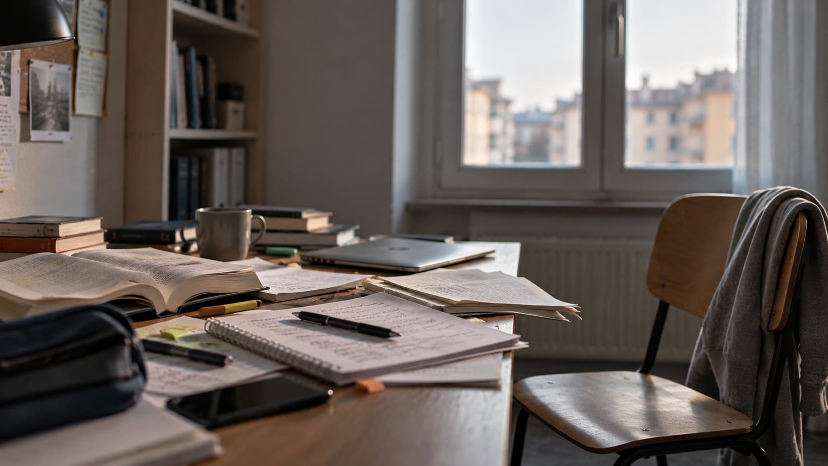 Scrivania con libri e appunti sparsi e una sedia vuota