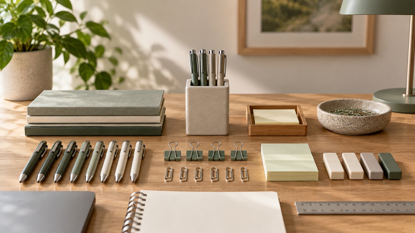 Penne, gomme e altri oggetti da scrivania disposti con estrema precisione e simmetria, a evocare il bisogno di ordine e controllo.