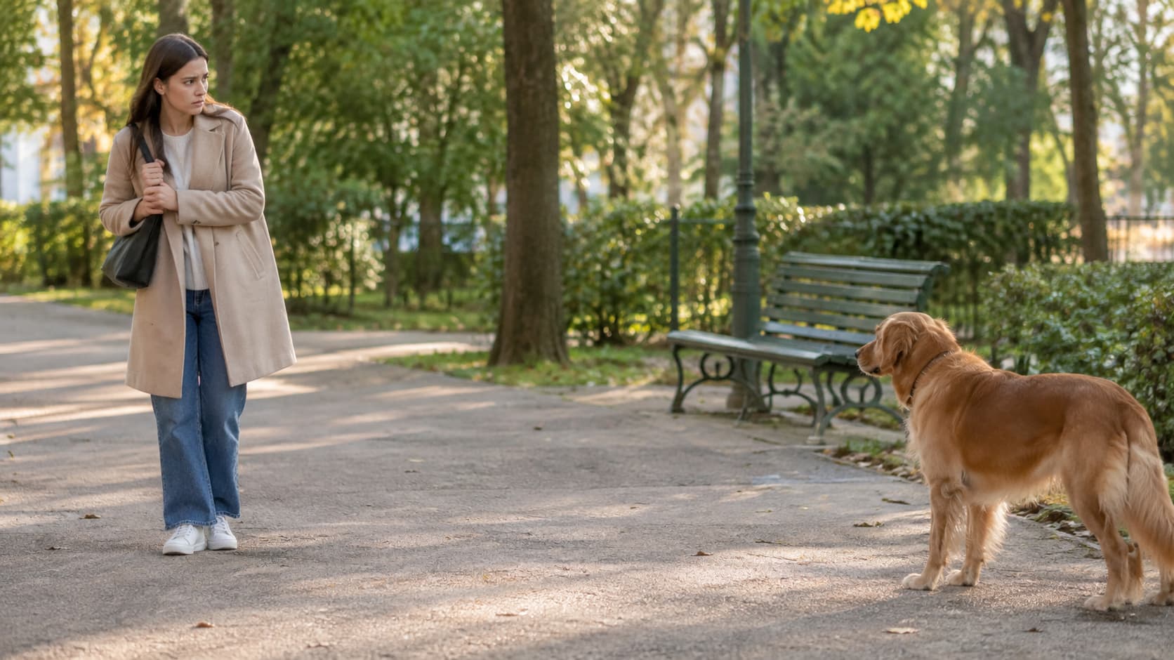 Persona adulta che osserva a distanza un cane in un parco, mostrando esitazione e disagio