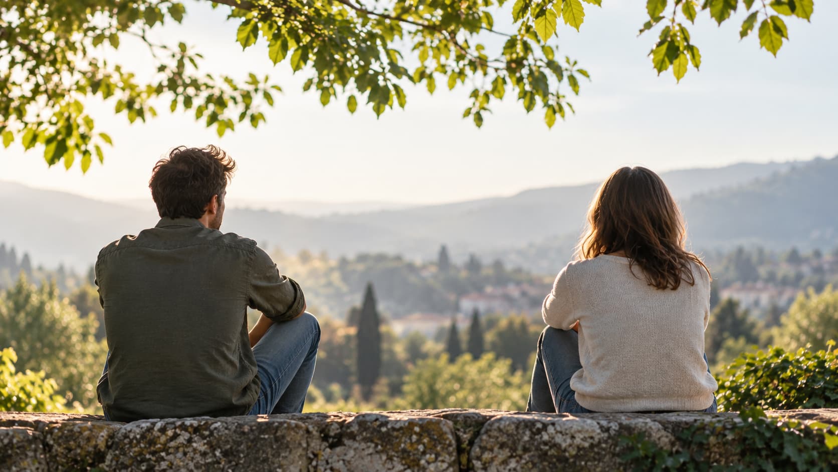 Due persone sedute a distanza osservano il paesaggio