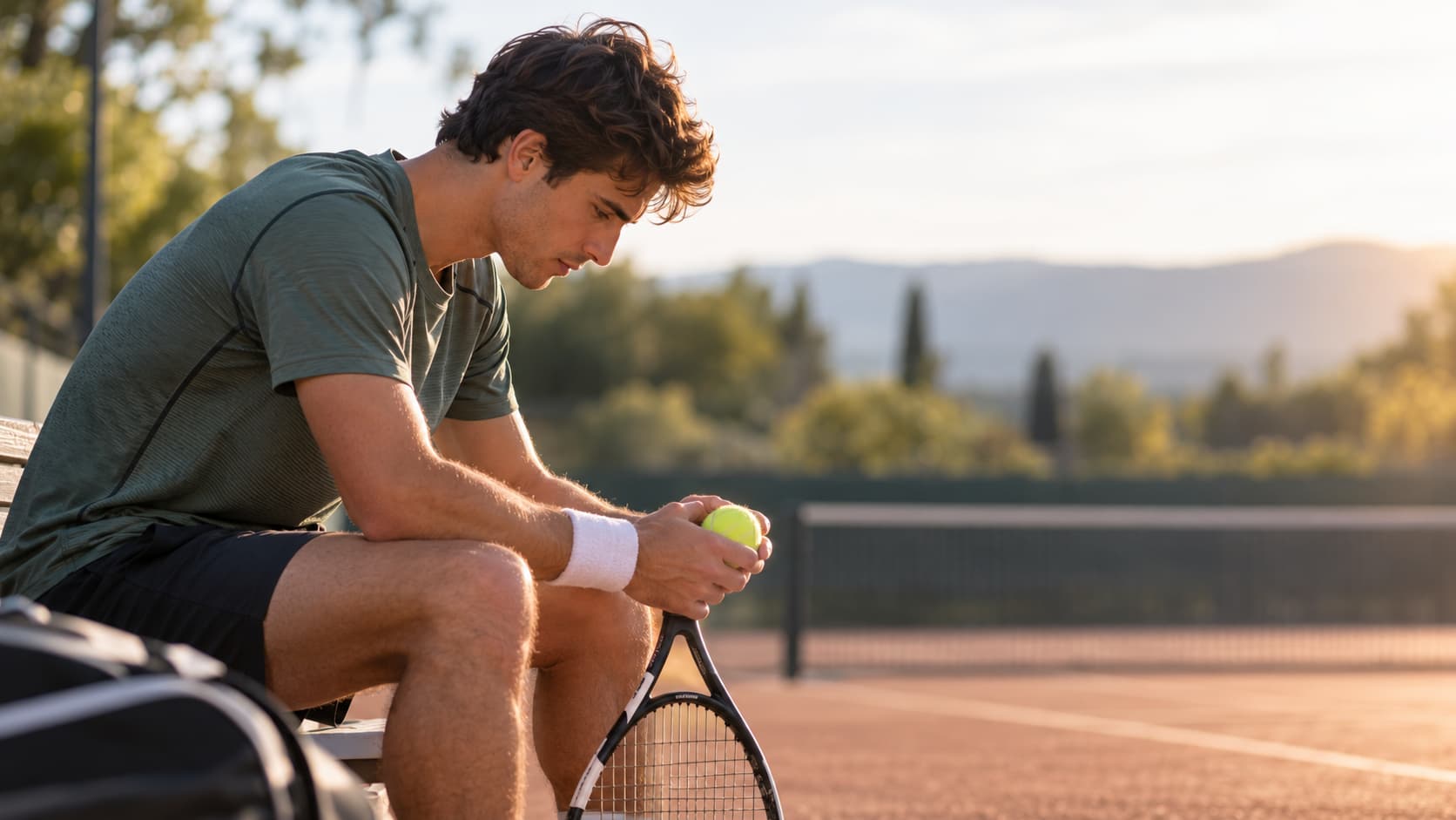 Un atleta seduto su una panchina da tennis osserva una pallina in un momento di concentrazione, a rappresentare l'importanza della preparazione mentale nella prestazione sportiva.